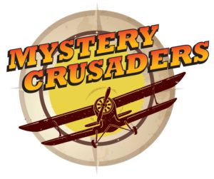 Logo with a vintage biplane in front of a yellow circle, surrounded by a sleek compass design. The bold, gradient text above reads Mystery Crusaders in red and orange, capturing the adventurous spirit of Asheville.