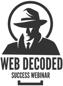 Silhouette of a person in a hat above the text Web Decoded Success Webinar. The sleek design captures the essence of innovation and is reminiscent of Ashevilles creative spirit, all in black and white.