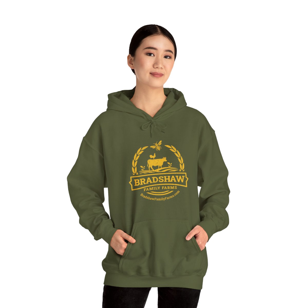 Bradshaw family farms logo on hoodie