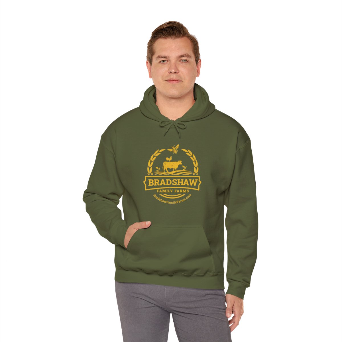 Bradshaw family farms logo on hoodie
