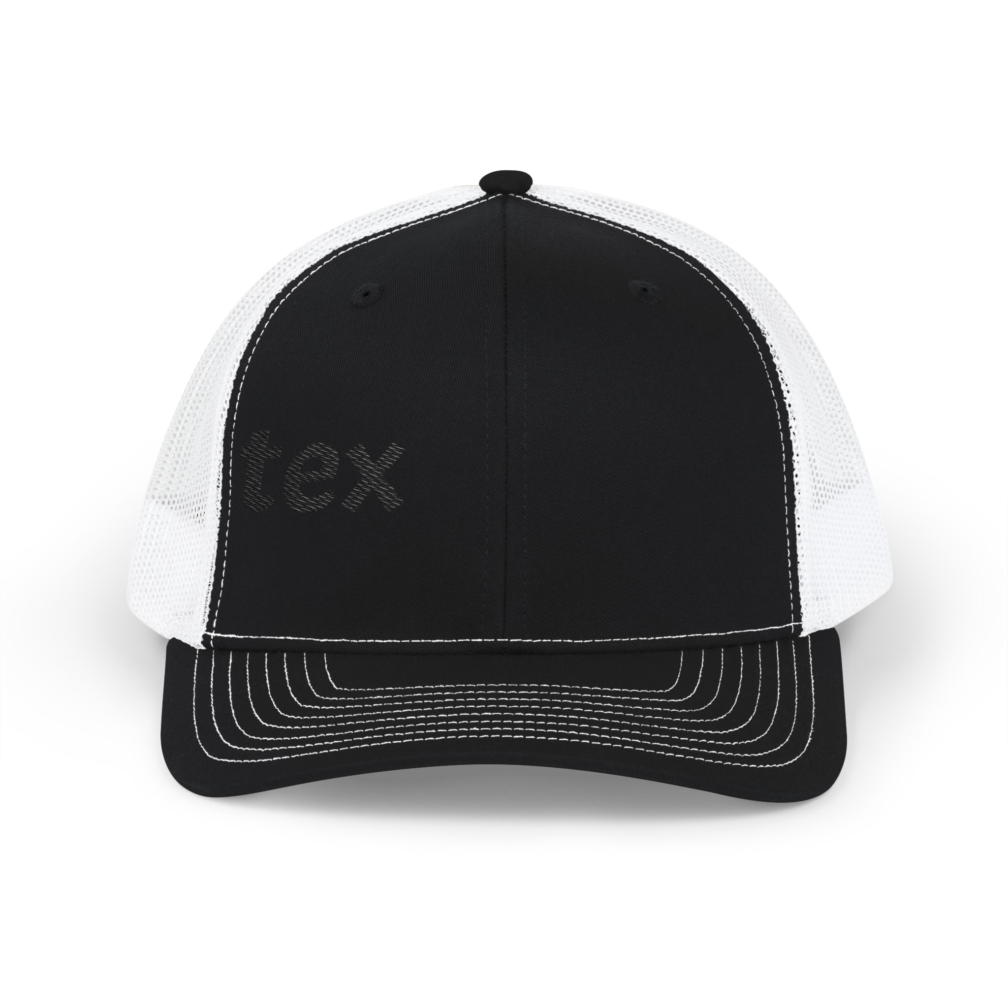 The Embroidered Trucker Snapback Cap — Classic Mesh Baseball Hat features a black front panel, white mesh sides, subtle stitched text on the left, and white stitching on the brim and panels.