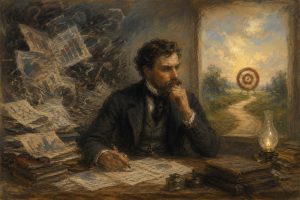 A man in old-fashioned clothing sits at a desk covered with papers and books, thinking deeply. Behind him, papers swirl chaotically, while outside a window, a clear path leads to a distant target under a bright sky.