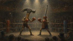 Two human bodies with boxing gloves fight in a ring, but their heads are a hammer and a screwdriver. The crowd watches under dramatic lighting, creating a surreal, humorous scene.