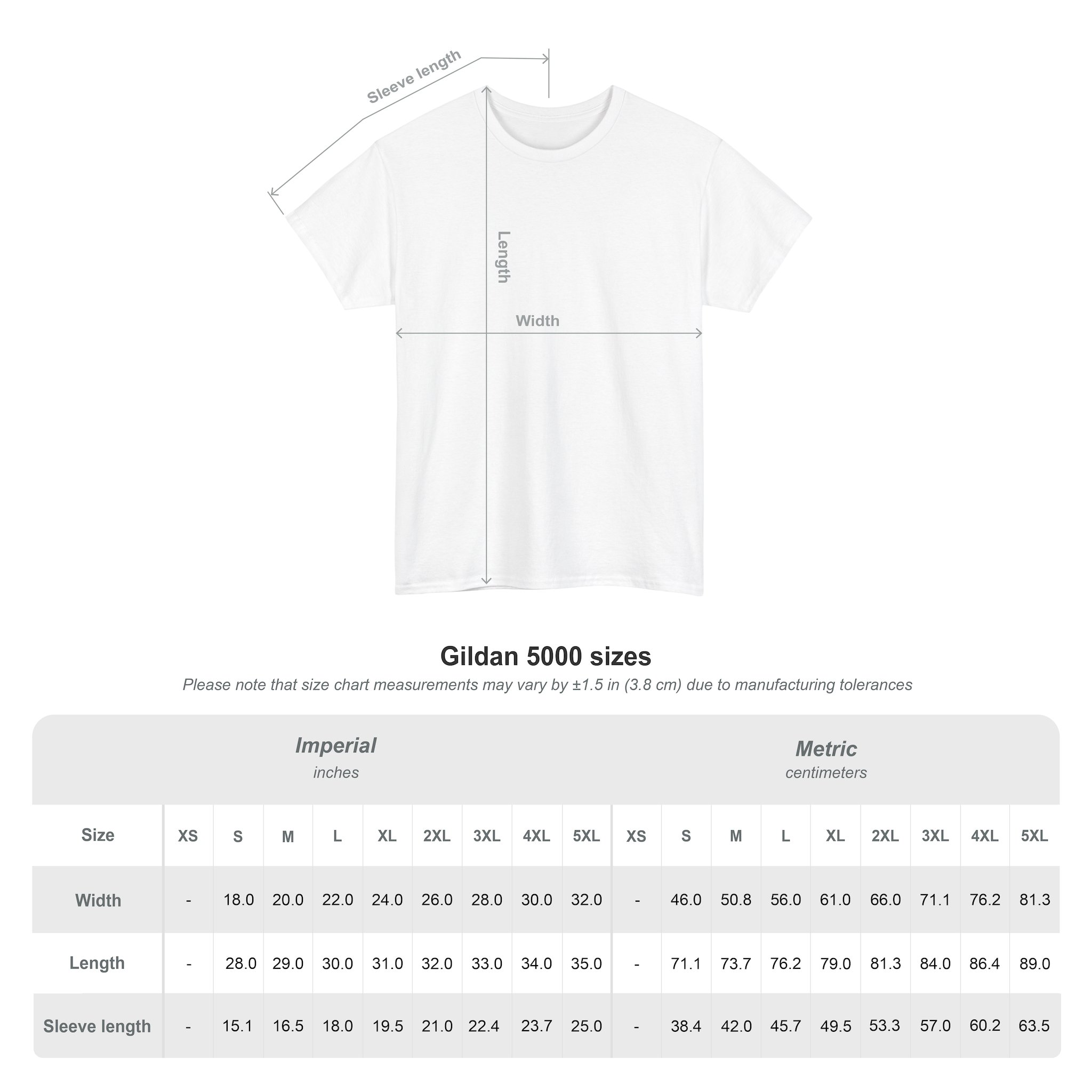 Diagram of a white Kings Painting Co. Logo T‑Shirt (Pocket Logo & Back Graphic) | Gildan Ultra Cotton (G5000) illustrating how width, length, and sleeve length are measured, with a size chart below displaying these dimensions for Gildan Ultra Cotton (G5000) shirts in inches and centimeters from XS to 5XL.