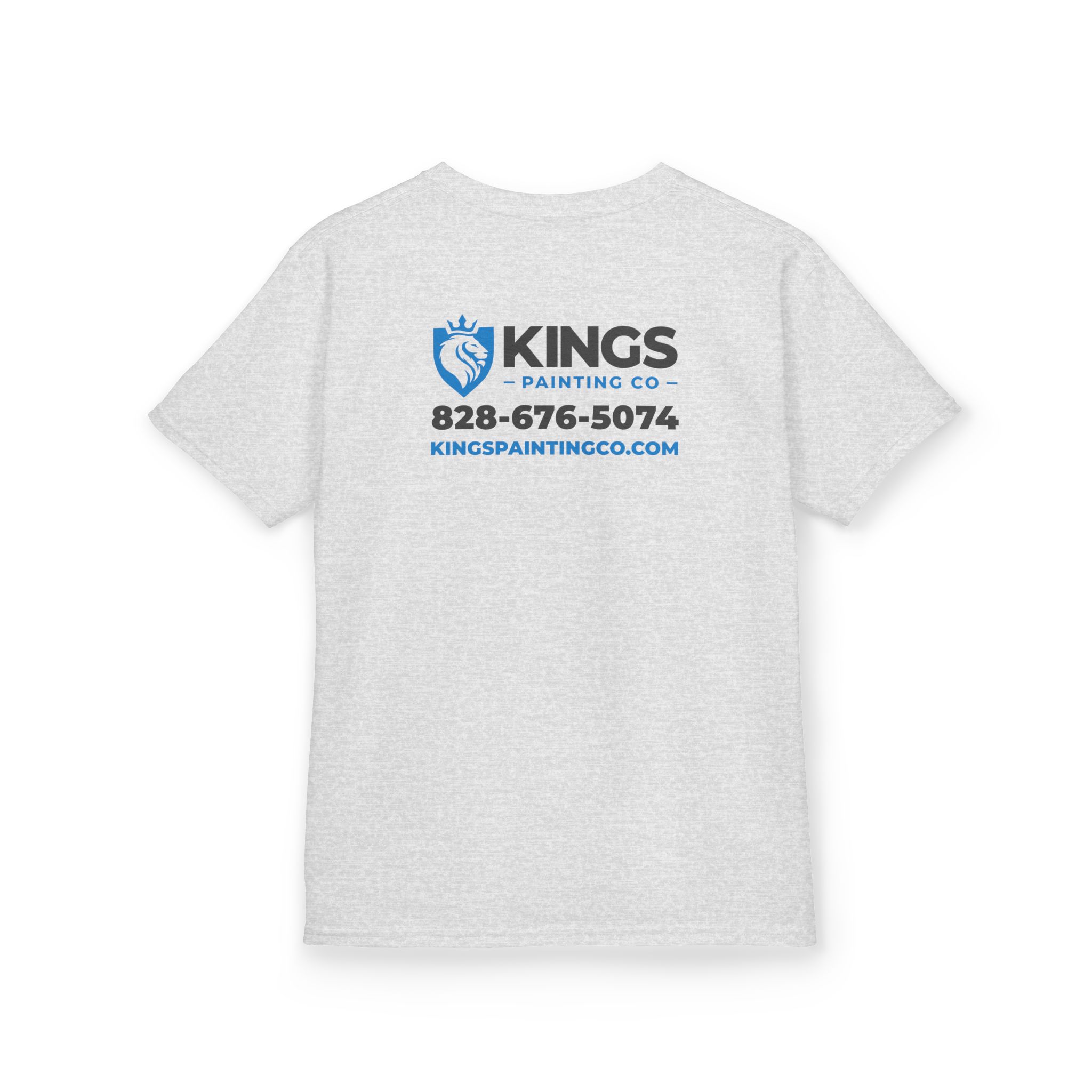 A Kings Painting Co. Kids T-Shirt (Ultra Cotton Gildan) in light gray featuring "KINGS PAINTING CO," a blue lion logo, the phone number 828-676-5074, and the website KINGSPAINTINGCO.COM printed on the back.