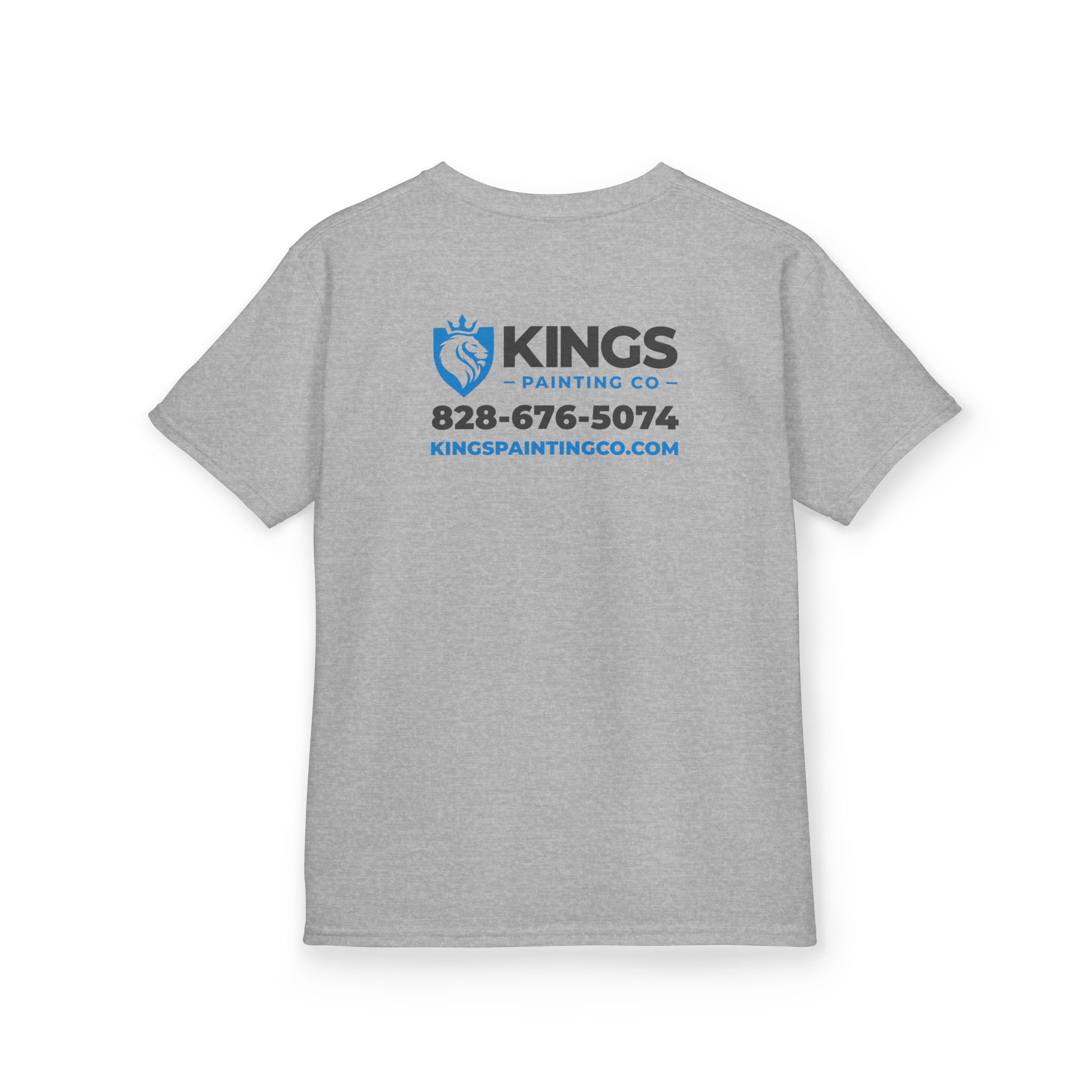 Kings Painting Co. Kids T-Shirt (Ultra Cotton Gildan) in gray, featuring a blue lion logo and the text "KINGS PAINTING CO" on the back, along with phone number 828-676-5074 and website kingspaintingco.com.