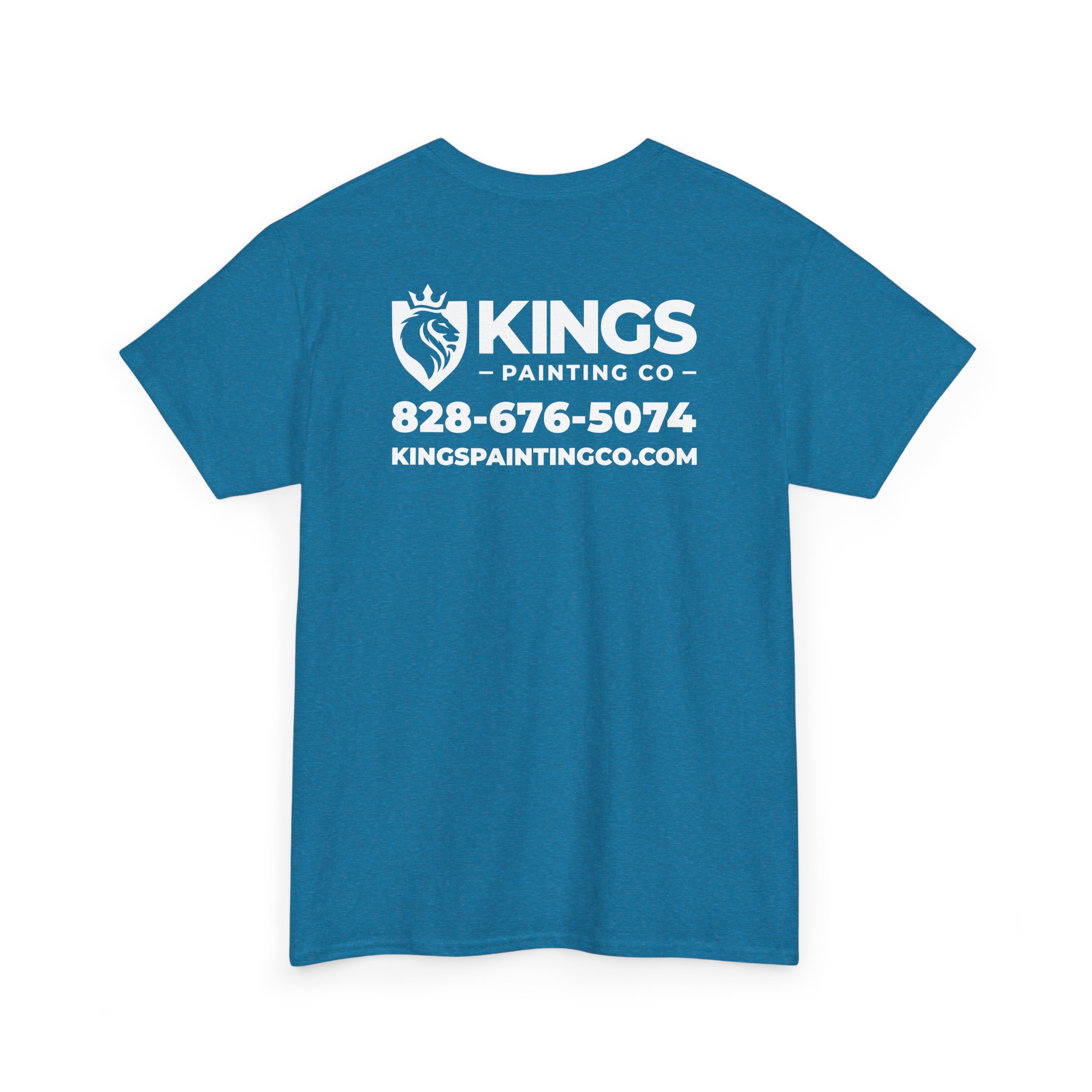 Kings Painting Co. Logo T‑Shirt (Heather) | Gildan Ultra Cotton (G5000): Blue t-shirt featuring the KINGS Painting Co. name, a lion logo, phone number 828-676-5074, and KINGSPAINTINGCO.COM printed in white on the back.