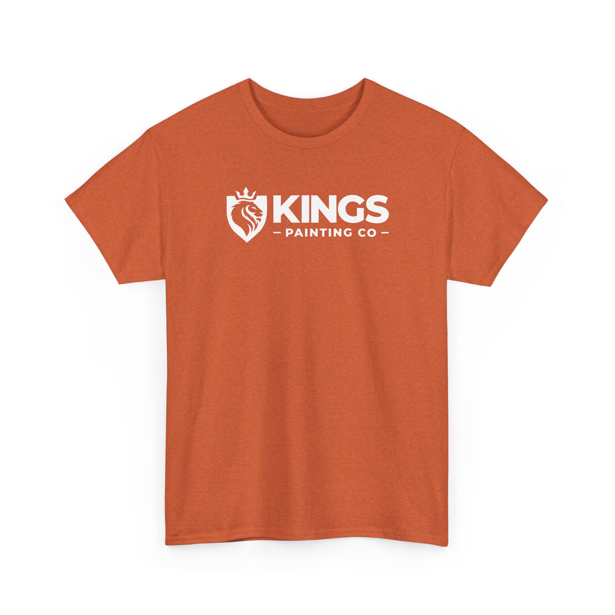 Heather rust Kings Painting Co. Logo T‑Shirt featuring a bold white shield emblem with a crowned lion and “KINGS PAINTING CO” in uppercase across the chest, printed on a Gildan Ultra Cotton (G5000) shirt.