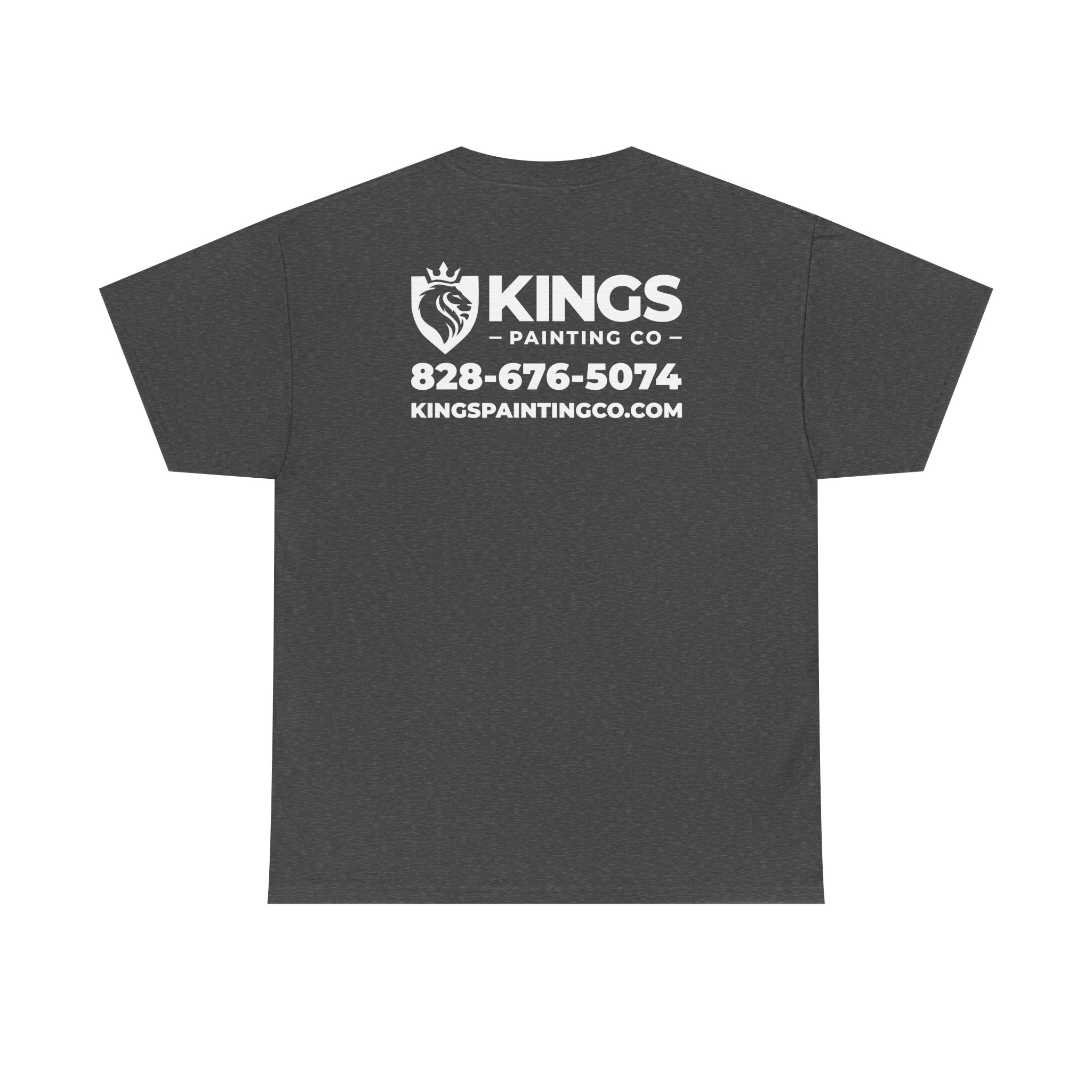 Introducing the Kings Painting Co. Logo T-Shirt (Heather) | Gildan Ultra Cotton (G5000): a dark heather gray tee featuring "KINGS PAINTING CO" and a lion logo printed on the back, along with the phone number 828-676-5074 and website KINGSPAINTINGCO.COM in bold white text.