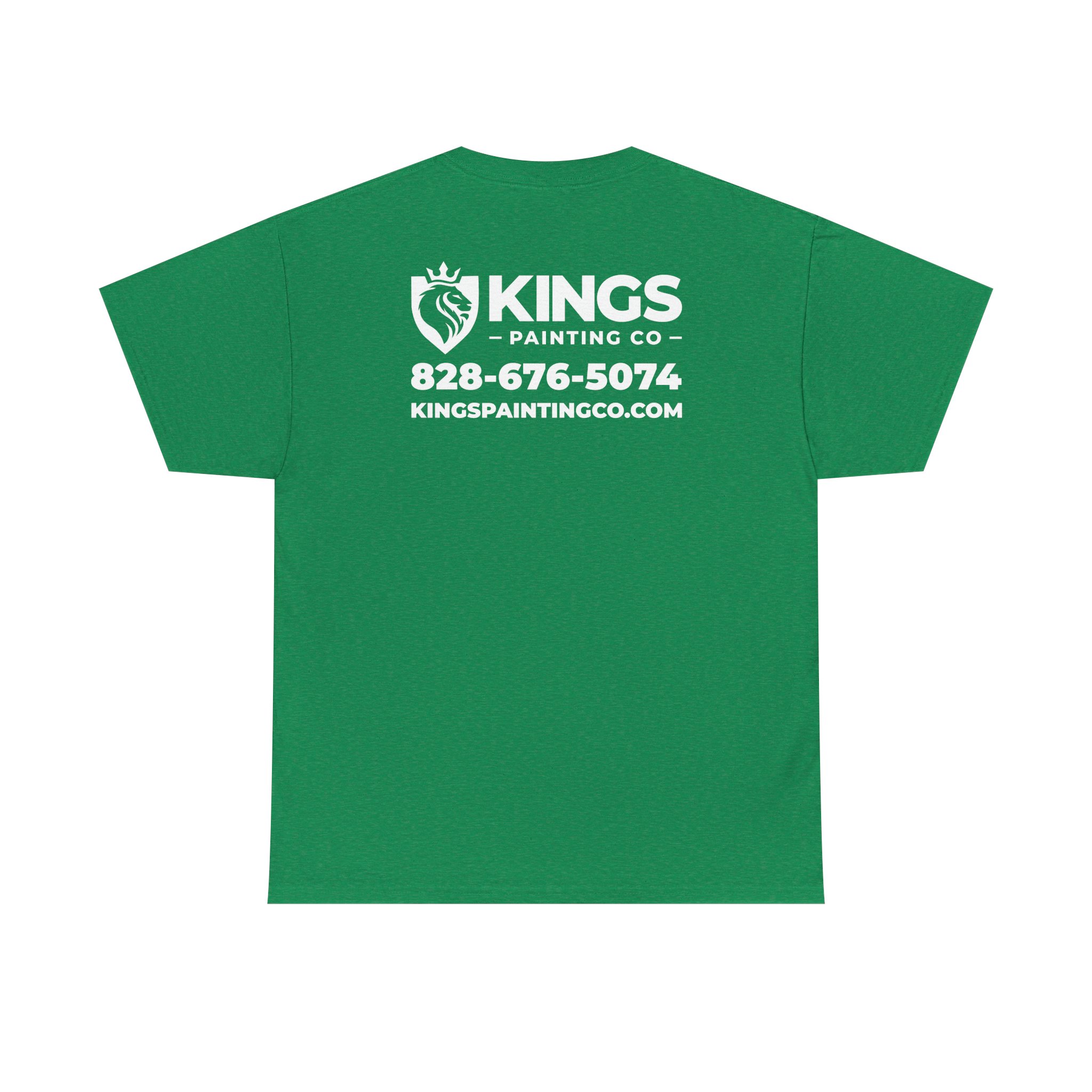Kings Painting Co. Logo T‑Shirt (Heather) | Gildan Ultra Cotton (G5000) featuring a green design with the Kings Painting Co. name, lion logo, phone number 828-676-5074, and kingspaintingco.com printed in white on the back.