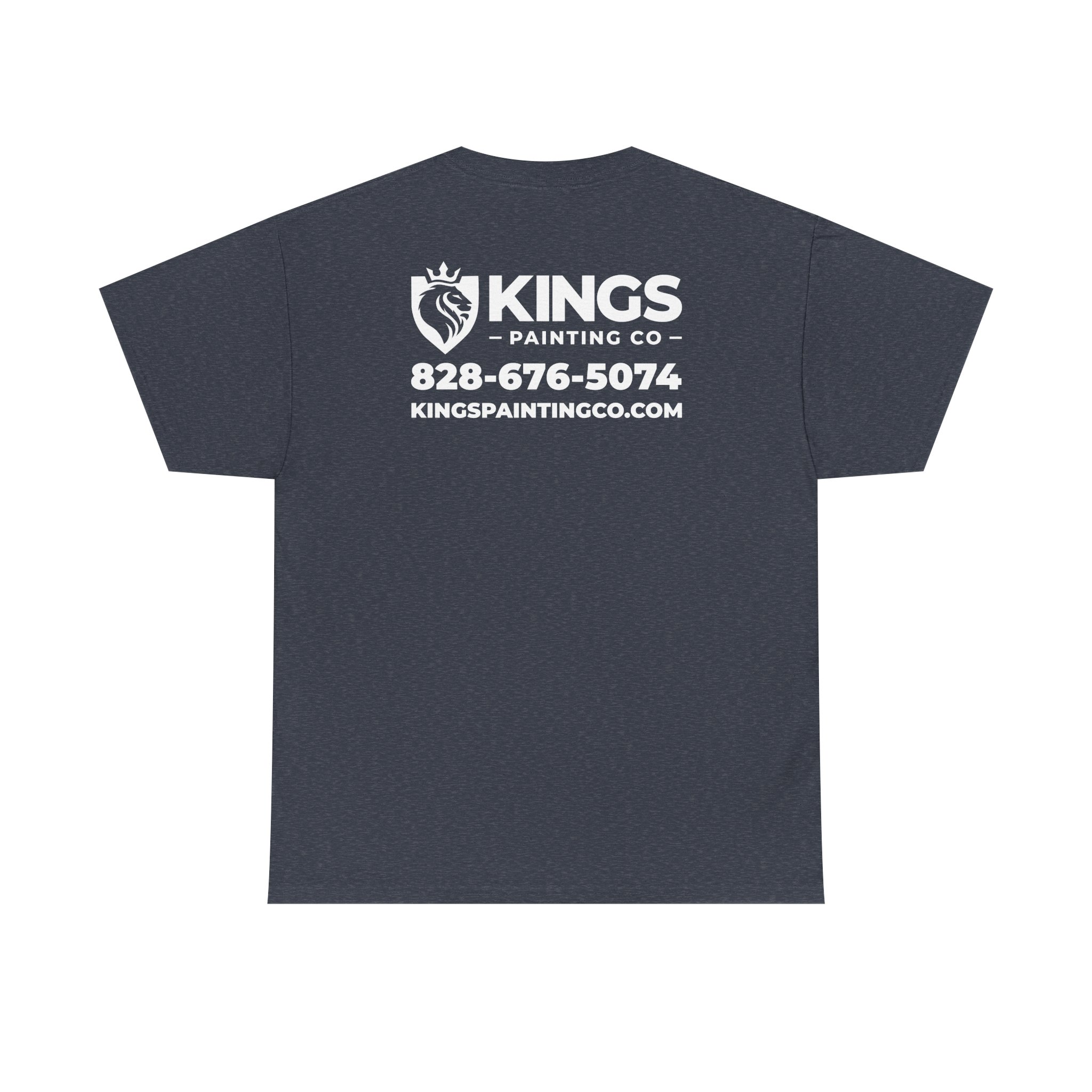Kings Painting Co. Logo T‑Shirt (Heather) | Gildan Ultra Cotton (G5000): Heather navy blue T-shirt featuring "KINGS PAINTING CO," a lion logo, phone number 828-676-5074, and website kingspaintingco.com printed in white on the back.