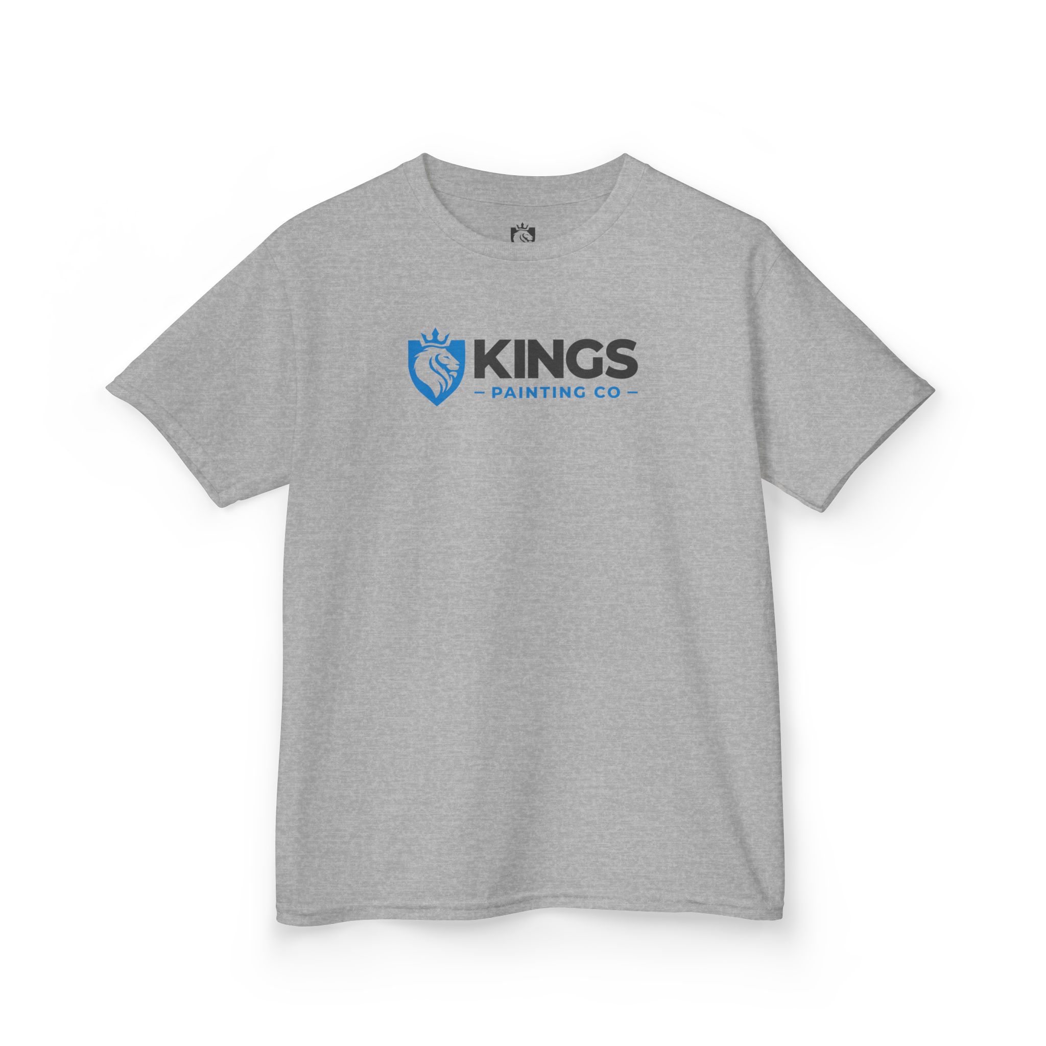 Kings Painting Co. Kids T-Shirt (Ultra Cotton Gildan) in gray, featuring a blue lion shield logo and "KINGS PAINTING CO" printed in blue and black lettering on the front center.