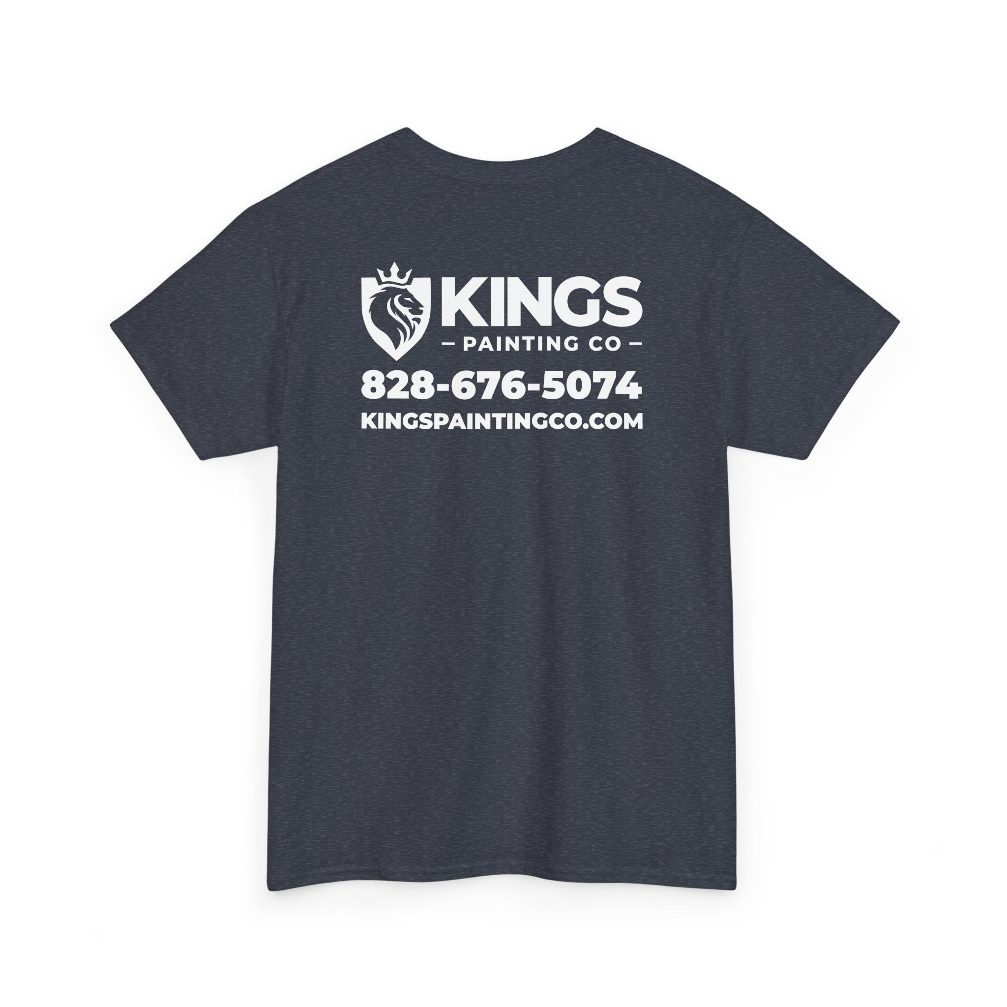 Kings Painting Co. Logo T‑Shirt (Heather) | Gildan Ultra Cotton (G5000), featuring a navy blue color with “KINGS PAINTING CO,” a lion logo, phone number 828-676-5074, and website kingpaintingco.com printed in white on the back.