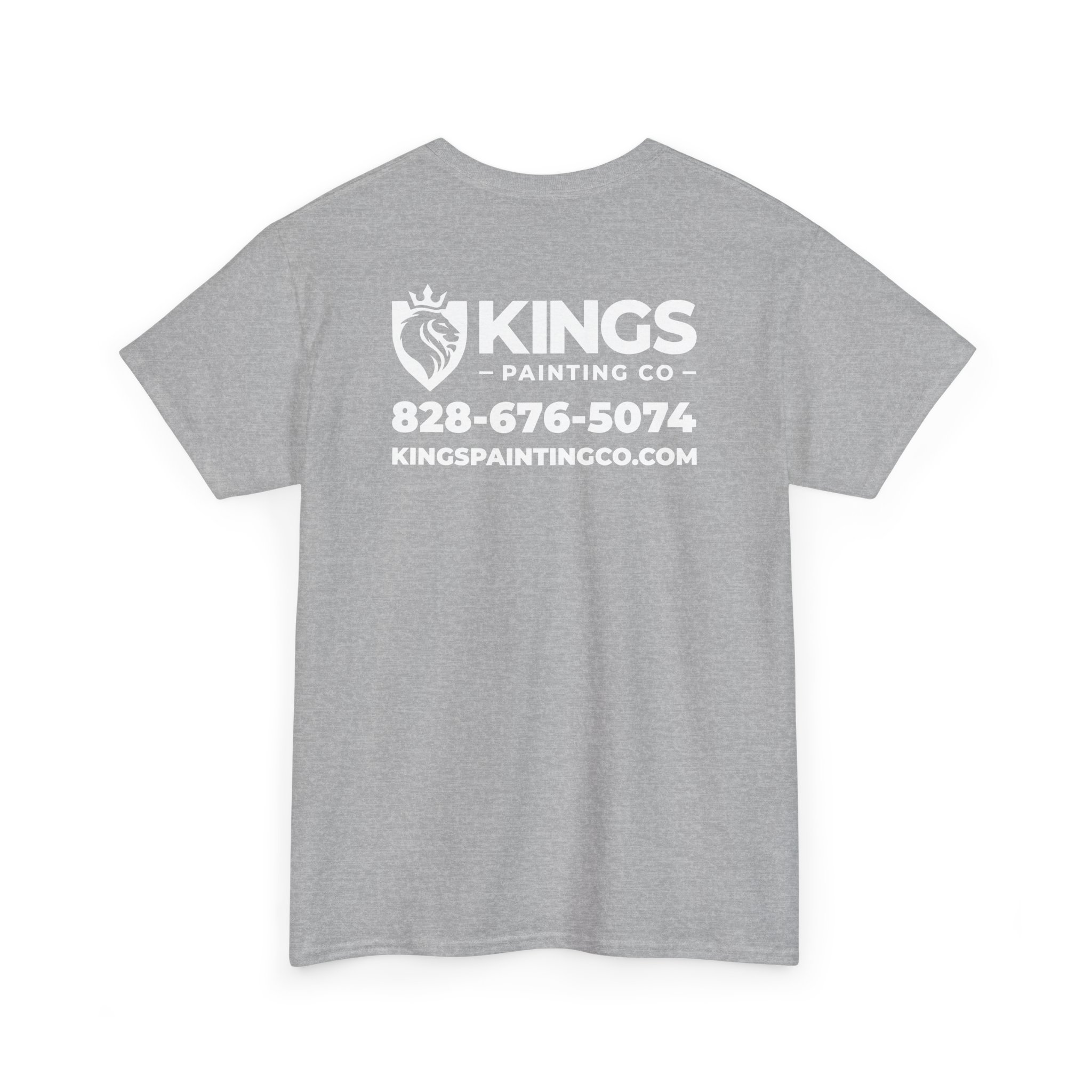 Kings Painting Co. Logo T‑Shirt (Heather) | Gildan Ultra Cotton (G5000) featuring a gray color with "KINGS Painting Co," a lion logo, phone number 828-676-5074, and website kingspaintingco.com printed in white on the back.