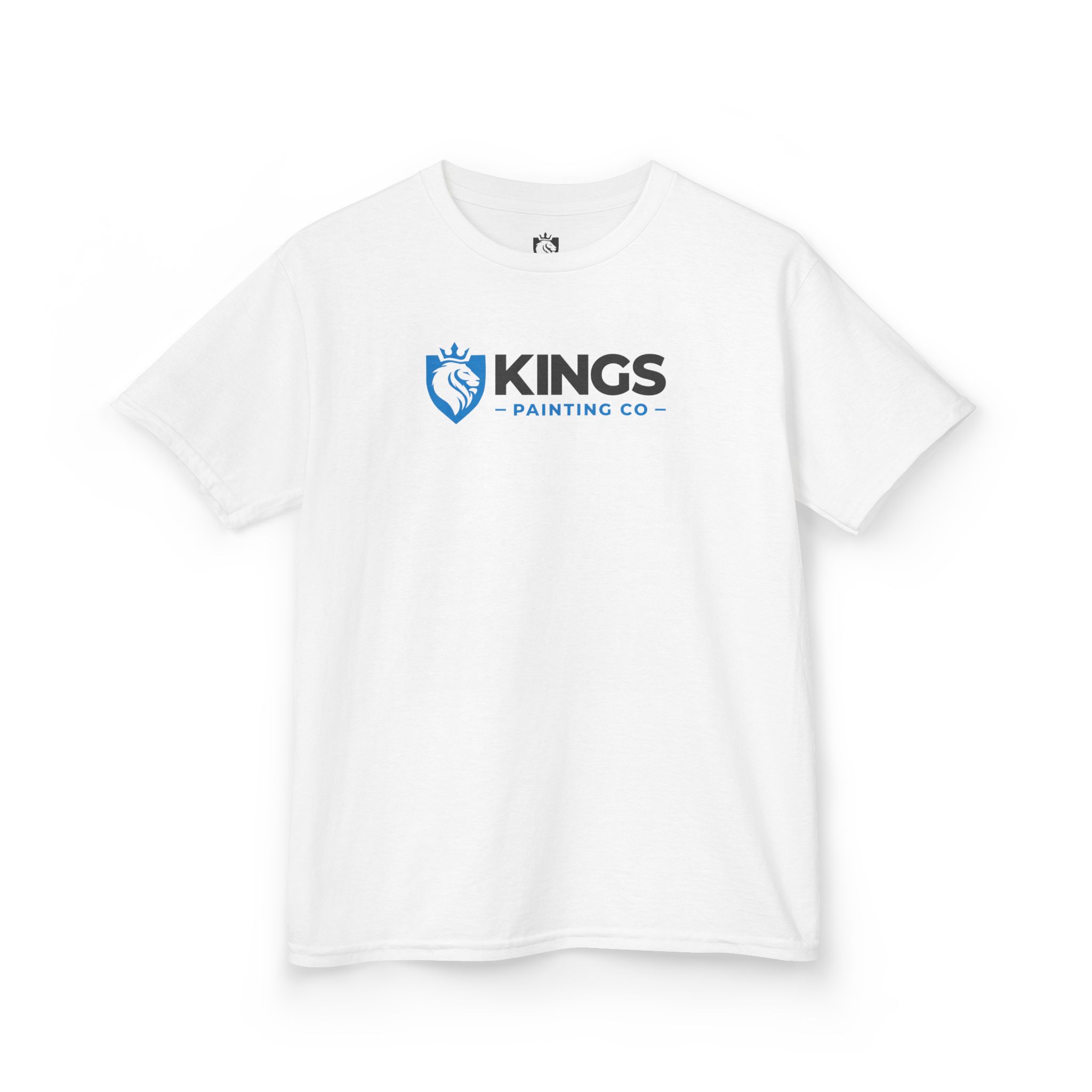 Kings Painting Co. Kids T-Shirt (Ultra Cotton Gildan) in white, showcasing the Kings Painting Co logo in black and blue, along with a blue lion and crown emblem to the left of the text. The shirt is displayed flat on a white background.