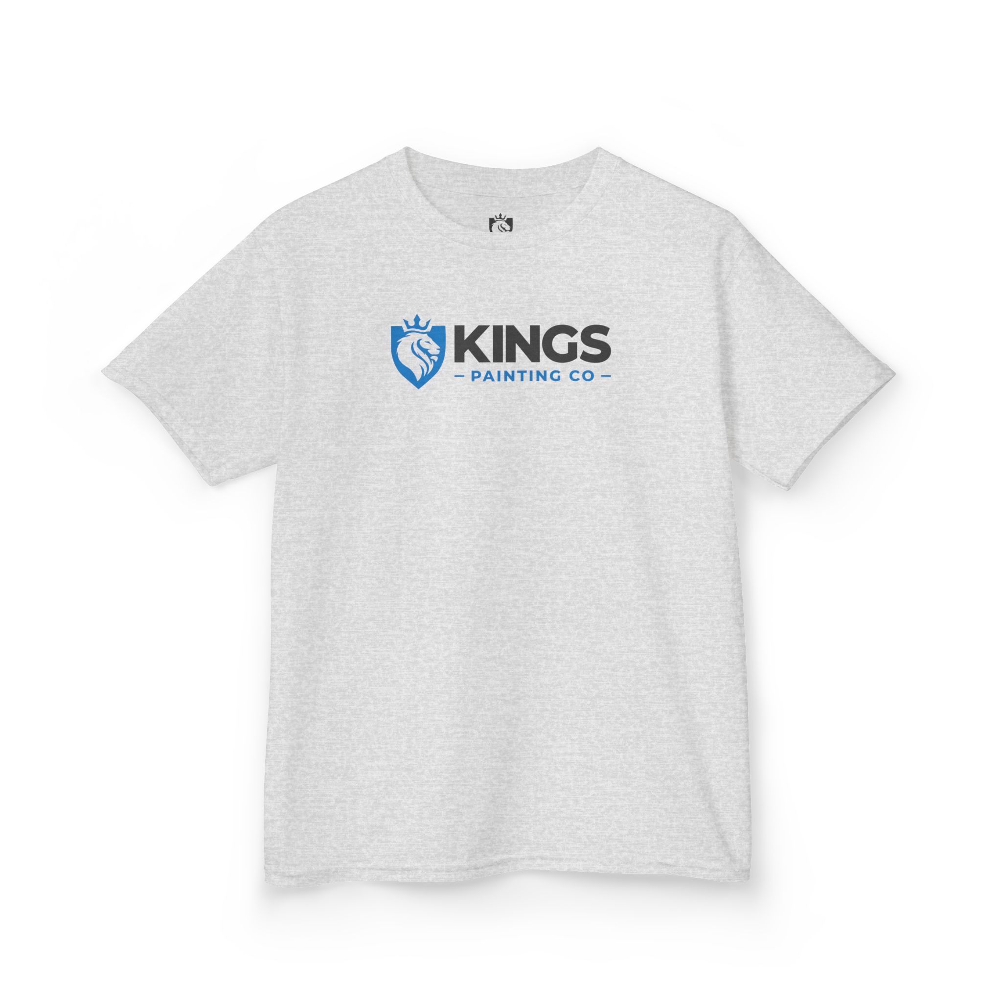 The Kings Painting Co. Kids T-Shirt (Ultra Cotton Gildan) is light gray and features a blue lion crest with a crown, along with the text "KINGS PAINTING CO" in black and blue, centered on the chest.