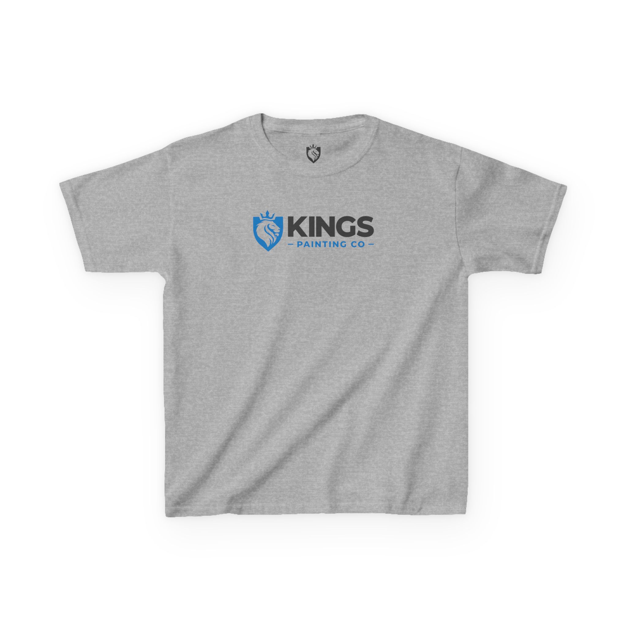 Kings Painting Co. Kids T-Shirt (Ultra Cotton Gildan) in gray, featuring a blue and black KINGS PAINTING CO logo and a shield with a hand holding a paintbrush on the front center.